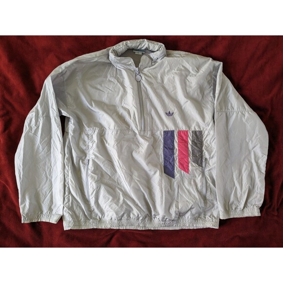 Vintage Adidas Windbreaker Track Jacket Trefoil Gray Women's Large 80s 90s Hood - Picture 2 of 11